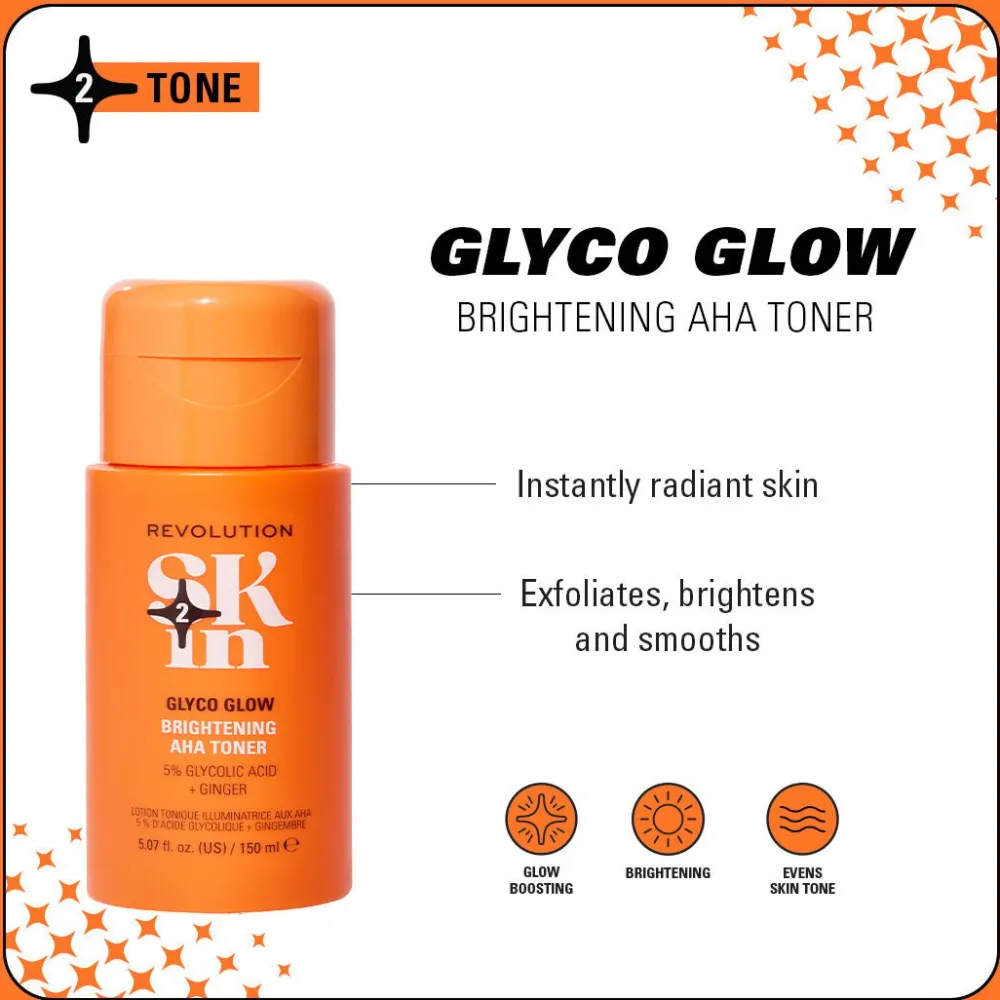 Revolution Beauty Revolution Skin Glyco Glow 5% Glycolic Acid & Ginger Brightening AHA Toner 150ml^ Dark Spots & Hyperpigmentation|Blackheads